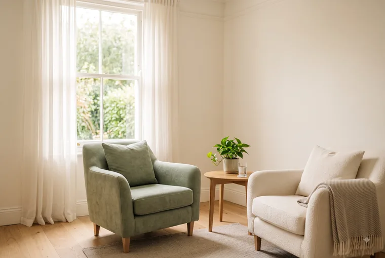 A calm therapy space — two comfortable chairs, soft natural light